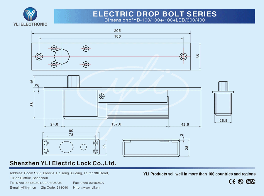 sơ đồ kích thước khoá chốt rơi YB-100+